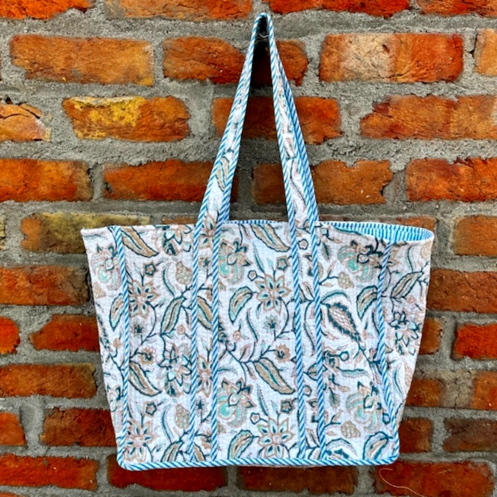 Handcrafted quilted block printed reversible Tote Bag